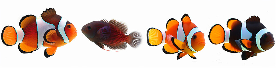 4 tropical fish on white background, their full body in side view.