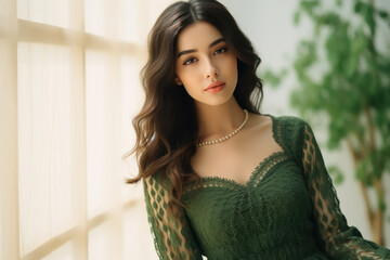 Wall Mural - beautiful young girl wearing green knit dress