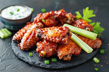  a delicious serving of fried chicken wings glazed with a delectable sweet and spicy sauce, served with a side of tangy blue cheese dip and crisp celery sticks