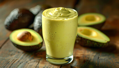 avocado smoothie in a glass on a wooden table with avocado halves