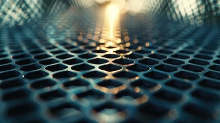 Close up image of a metallic mesh with a blurred background