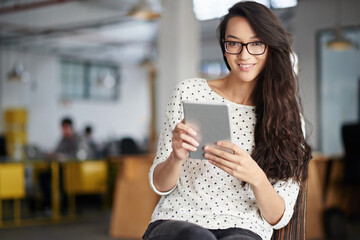 Poster - Happy, woman and office in chair with tablet for break on internet or online for research as graphic designer. Portrait, smile and browse website for projects, creativity and ideas for design agency