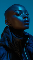 Wall Mural - Close-up of a fashionable black woman with glowing skin, illuminated by dramatic blue lighting, showcasing her confident and striking expression.
