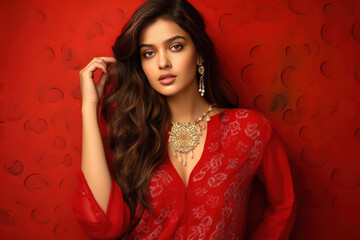 Sticker - Young indian woman in red color kurti or dress