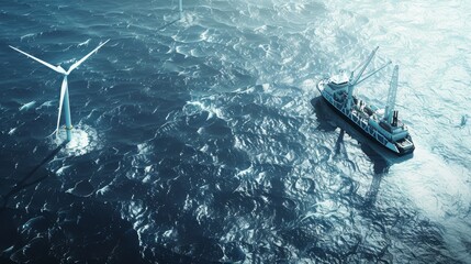 Aerial View of Offshore Wind Farm with Research Vessel - Renewable Energy and Cutting-Edge Technology