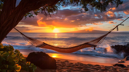 Wall Mural - Hammock at Sunset on Tropical Beach, Ocean Waves Crashing on Shore, Golden Hour Photography