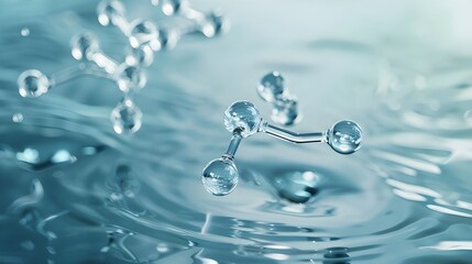 Water drop falling down on surface. Collagen, vitamin or serum drop splash for moisturizer. Liquid molecule chemical structure floating on water background with Generative AI.