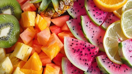 Wall Mural - Assortment of sliced fruits including orange dragon fruit watermelon pineapple and kiwi