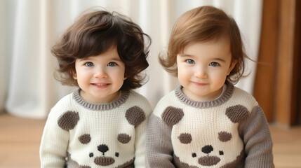Wall Mural - A two-tone children's with happy face focus their faces and eyes wearing jacquard knit sweater