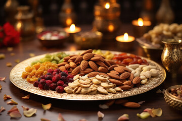 Wall Mural - Dry fruits like almonds, cashew, pista and walnut are placed on golden fancy decor plate