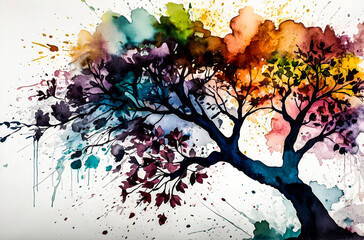 A tree with branches made of colorful watercolor flowers and leaves vector art painting illustration image. 
