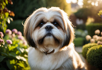 Wall Mural - A Lhasa Apso with its long, flowing hair groomed perfectly in the garden