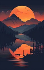 Wall Mural - Sunset painting over lake with mountains in background