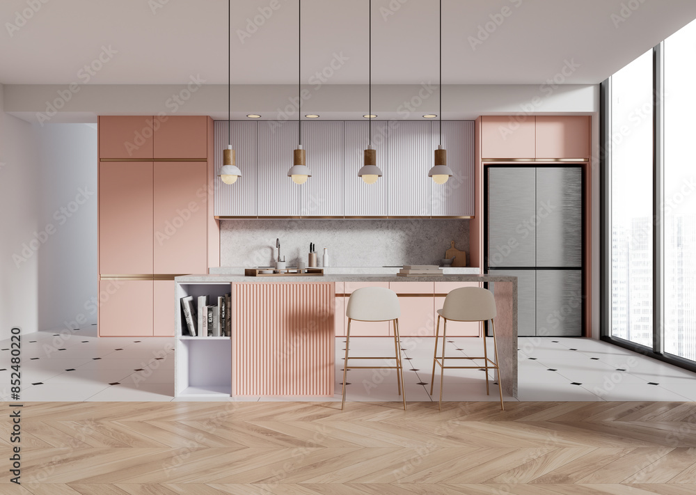 Modern kitchen with pink and white cabinets, minimalist design, wooden ...