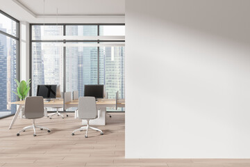 Sticker - Office coworking interior with pc desktops on tables, window. Mockup wall