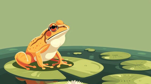 A cartoon frog sits on a lily pad in a pond, looking up with a curious expression.  The background is a soft green color.