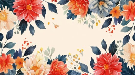 Wall Mural - A watercolor floral border with colorful flowers and leaves surrounding a white background. Perfect for invitations, cards, and more.