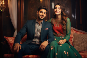 Poster - indian couple in ethnic wear and sitting on sofa