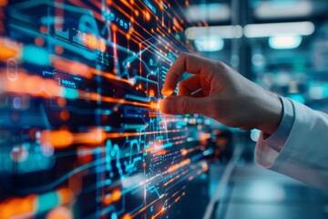 Wall Mural - A close-up photo of a researchers hands manipulating a complex algorithm displayed on a computer screen. The screen is filled with intricate data visualizations in shades of blue and orange