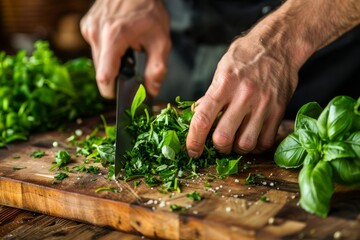 Wall Mural - Close-up photo of chefs chopping fresh basil and parsley on wooden cutting board, showcasing vibrant colors and action of knife