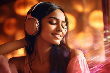 Wall Mural - Young beautiful indian woman listening music