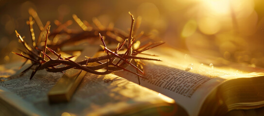 A crown of thorns on an open Bible, a symbol of suffering and death at Easter