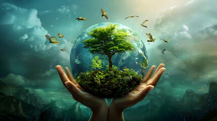 Illustration of Hands Holding the Earth with Birds Flying Around It