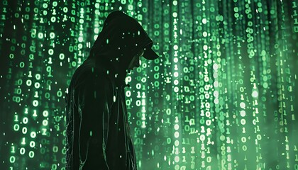 Conceptual image of a hacker on matrix background