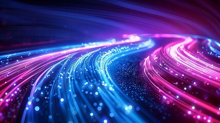 Poster - fiber optic cable technology illustrating internet, network, and high-speed data connection in telecommunication. Depicts multi-fiber wires with colored jackets and blue neon lines, representing commu