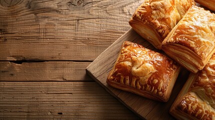 Wall Mural - Closeup of delectable fresh puff pastries on a wooden table with room for text