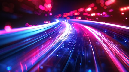 Poster - A high-speed effect with motion blur showcases blue and red night lights, creating a radial motion blur background. The image features a purple glowing wave swirl and impulse cable lines, captured wit