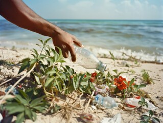 Wall Mural - Medium shot of Close up of a hand picking up a plastic waste from a beach with trash on the ground, themed background