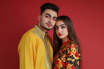 Wall Mural - happy couple standing together on red background