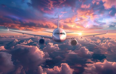 Poster - Airplane flying in the sky at sunset, landscape with clouds and sun