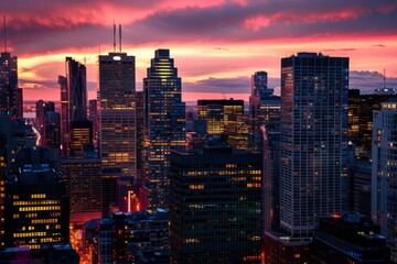 Wall Mural - A breathtaking panoramic view of a city skyline at sunset, showcasing a cluster of towering skyscrapers bathed in warm, golden light