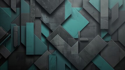 Isometric dark aquamarine and gray geometric pattern on textured black background on shaped aluminum canvas