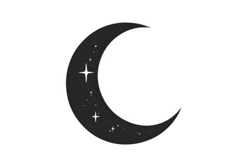 Minimalist black crescent moon with stars on a transparent background, perfect for night sky illustrations and astronomy-themed designs.