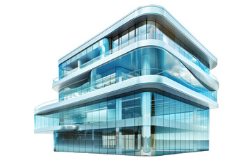 Modern glass office building with futuristic architectural design featuring sleek curves, large windows, and reflective surfaces.