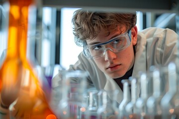 A young engineer wearing safety goggles intently examines a row of beakers in a well-lit laboratory