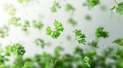 Wall Mural - Fresh Parsley Herb Levitating on White Background