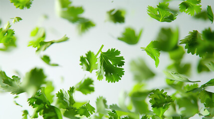 Wall Mural - Fresh Cilantro Leaves Hovering in Air on White Background