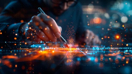 close-up of a hand using a stylus on a digital tablet with a vibrant, futuristic interface and glowi
