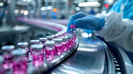 hand with sanitary gloves check medical vials on production line at pharmaceutical factory