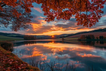 Wall Mural - A stunning sunset over rolling hills, framed by autumn foliage, with the golden light reflected in the calm water of a lake