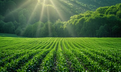 Beautiful panoramic background image of green nature field, agricultural plantation at sunrise time