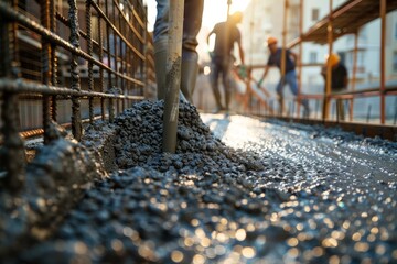 Workers are pouring concrete into formwork at a construction site to create a new building foundation, highlighting the texture and construction process