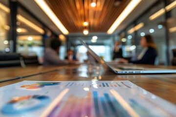 Wall Mural - Close-up of conference table in boardroom with business professionals discussing. Document with charts and graphs indicates data-driven conversation