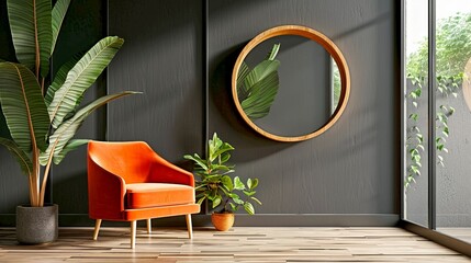 Poster - Modern living room with stylish orange chair. Large round mirror and indoor plants in contemporary space. Minimalist interior design with chic decor and vibrant colors for a cozy ambiance. AI.