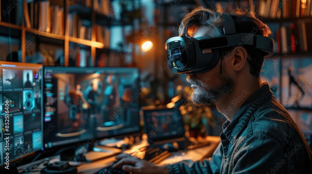 VFX artist using augmented reality glasses to visualize special effects ...