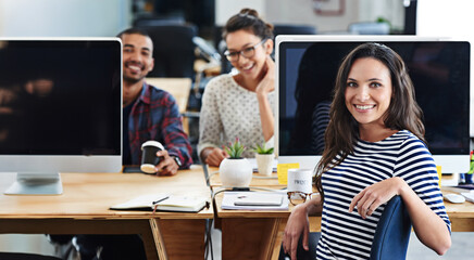 Aufkleber - Computer, design and desk with portrait of employee team in office together for creative career. Desktop, smile for web development and happy staff people in artistic workplace for project management